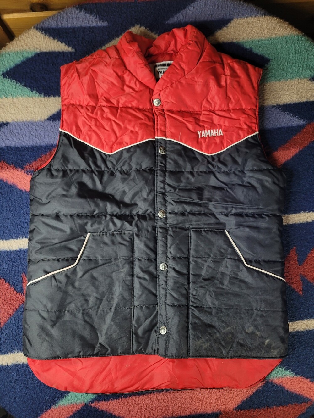 Vintage Yamaha Puffer Vest Mens Medium Red Black 80s MX ATV Snap